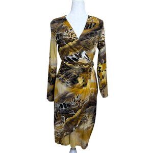 Cache Wrap Dress Animal Print With Belt Long Sleeves Gold Womens Size M NEW